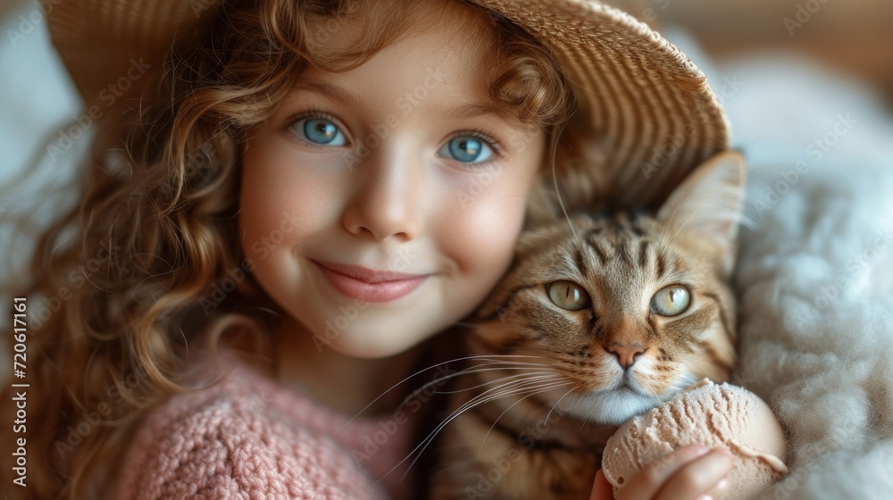 a little girl wearing a hat and holding a cat in her arms and smiling at the camera with a big smile on her face and a fluffy white blanket behind her. a little girl wearing a hat and holding a cat in her arms and smiling at the camera with a big smile on her face and a fluffy white blanket behind her.