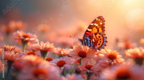  a close up of a butterfly on a flower in a field of pink and white flowers with the sun shining through the clouds in the sky in the back ground.