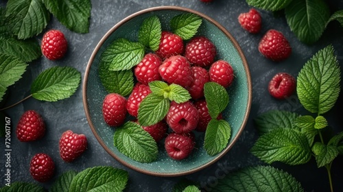  a bowl of raspberries and mint leaves on a dark surface with mint leaves and raspberries in the center of the bowl, on a dark background are raspberries and mint leaves. photo