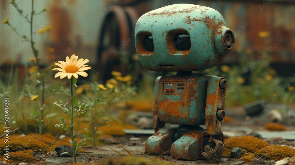  a rusted out robot sitting in the middle of a field with a flower in the foreground and a rusted out truck in the back ground in the background.