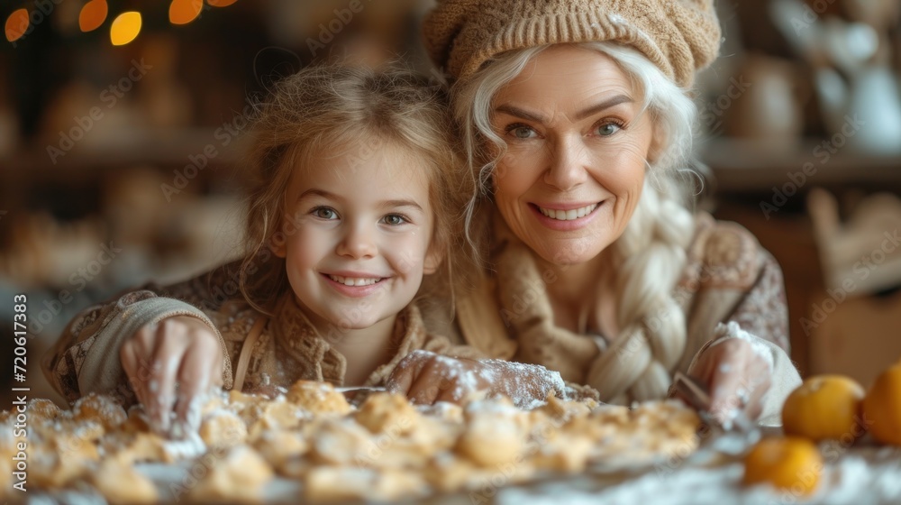  an older woman and a young girl standing in front of a table full of cookies and oranges, with a smile on their faces, both of them are looking at the camera. - obrazy, fototapety, plakaty 
