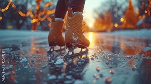  a close up of a person's feet on a skateboard on a city street with lights in the background and snow on the ground and on the ground.