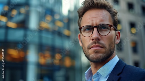 Young serious businessman in glasses looking at the camera against the background of a blurred business center © ArtCookStudio