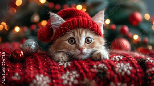  a cat wearing a red knitted hat laying on top of a red blanket next to a christmas tree with lights on the branches and a christmas tree in the background.