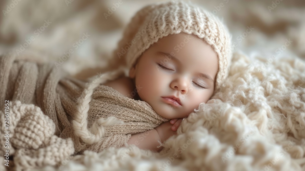 a baby is sleeping on a blanket wearing a knitted hat and a sweater with a pom - pom at the end of it's end of the head. a baby is sleeping on a blanket wearing a knitted hat and a sweater with a pom - pom at the end of it's end of the head.