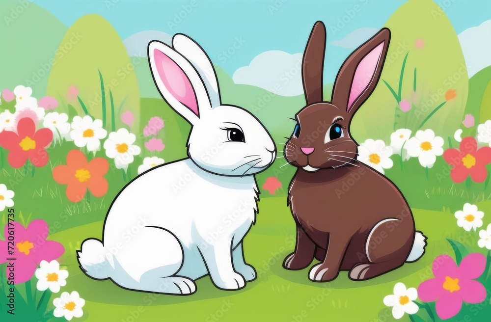 Fototapeta premium White et chocolate rabbits in a field for Easter