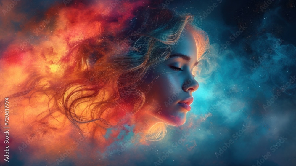  a digital painting of a woman's face with her eyes closed and her hair blowing in the wind, surrounded by clouds of smoke and blue and red and orange.