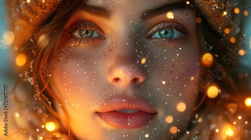  a close up of a woman's face with snow flakes all around her and a blue eyed girl's face in the middle of the foreground.