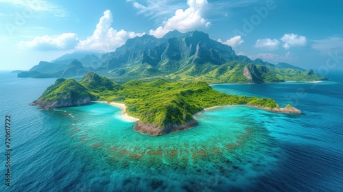  a small island in the middle of a body of water with a mountain in the background and a blue sky with clouds in the top of the water and bottom.