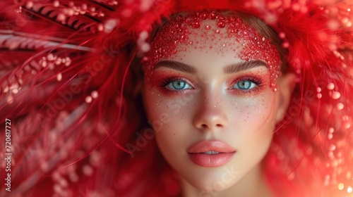  a close up of a woman s face with red feathers on her head and a red dress on her head and a red feather on her head and blue eyes.