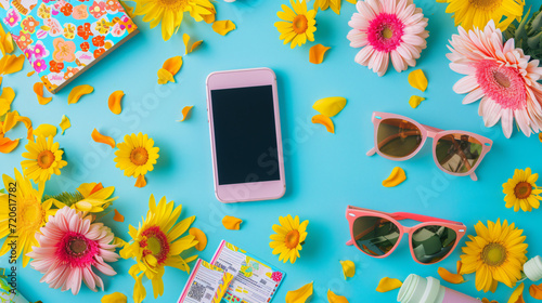 A summer festival flat lay with concert tickets a flower crown sunglasses a portable charger and festival wristbands on a vibrant backdrop. photo