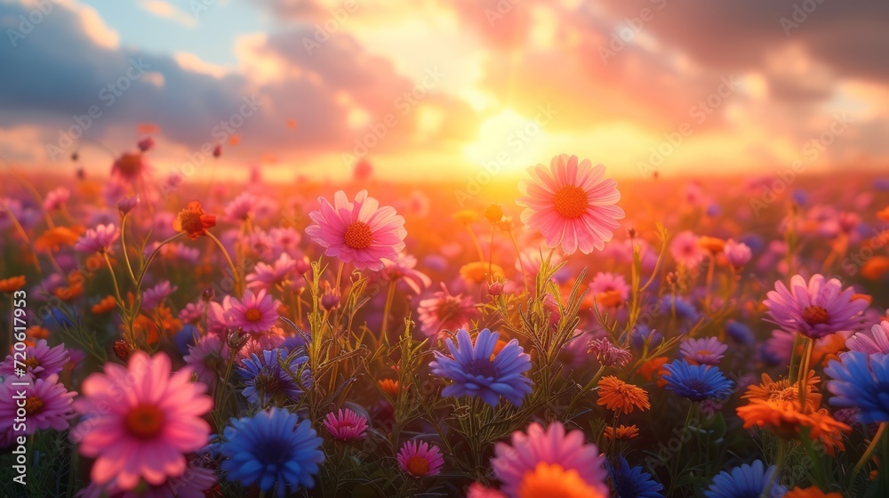  a field full of pink and blue flowers under a cloudy sky with the sun peeking through the clouds in the distance, with the sun shining through the clouds in the distance.