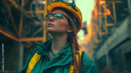 New hire young girl in glasses and safety gear ready to start work onsite