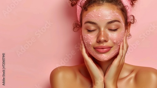  a woman with a pink towel on her head and a pink towel on her head, covering her face with a pink sponge on her cheek, with a pink background. © Jevjenijs