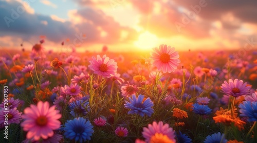  a field full of pink and blue flowers under a cloudy sky with the sun peeking through the clouds in the distance, with the sun shining through the clouds in the distance.