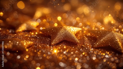  a close up of a gold glitter background with a star shaped object in the middle of the image and a blurry background to the top right of the image.