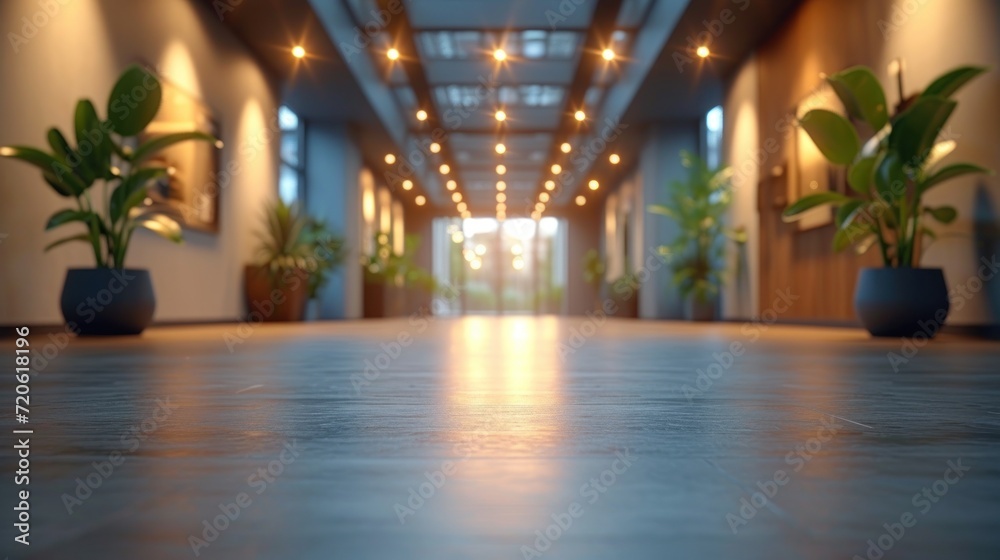a long hallway with potted plants and lights on either side of the ...