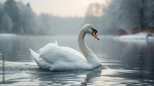  a white swan floating on top of a lake next to a lush green forest covered in snow on a foggy day with sun shining down on the trees and a body of water.