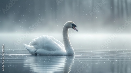  a white swan floating on top of a lake next to a forest filled with lots of green and white flowers on a foggy day with a few drops of water droplets.