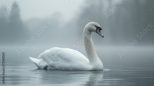  a white swan floating on top of a lake on a foggy day with trees in the back ground and a tree line in the far end of the water.