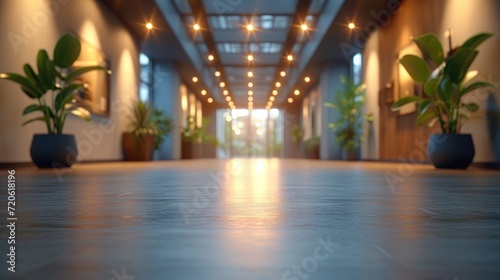  a long hallway with potted plants and lights on either side of the hallway is lit by recessed lights on either side of the door and on either side of the hallway.