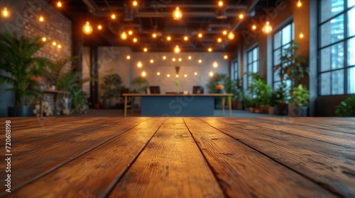  a wooden floor in a large room with lights hanging from the ceiling and potted plants on either side of the room and a table in the middle of the room.