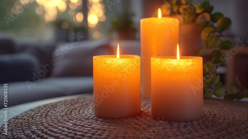  a close up of three lit candles on a table in a living room with a couch and potted plant on the side of the table and a couch in the background.