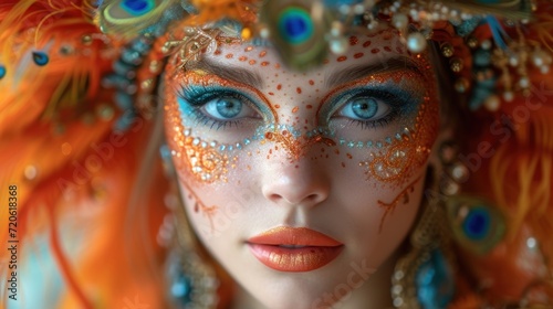  a close up of a woman's face with feathers on her head and eyes painted orange, blue, and green with a peacock on it's head.