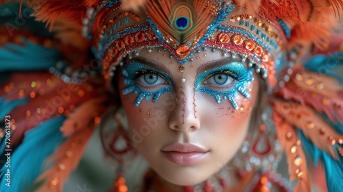  a close up of a woman's face with blue eyes and colorful feathers on her head and a feathered headdress on her face and her face. © Jevjenijs