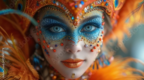  a close up of a woman's face with blue eyes and orange feathers on her head and a mask with feathers on her head and orange feathers on her face.