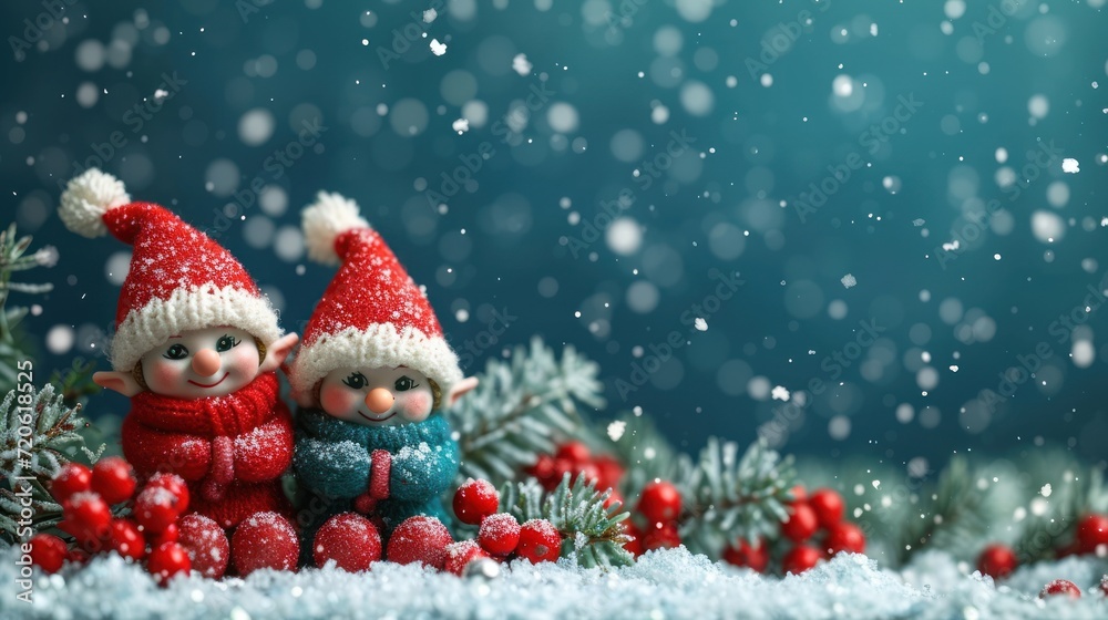  a couple of small figurines sitting next to each other on a snow covered ground with snow flakes on the ground and a blue sky in the background.