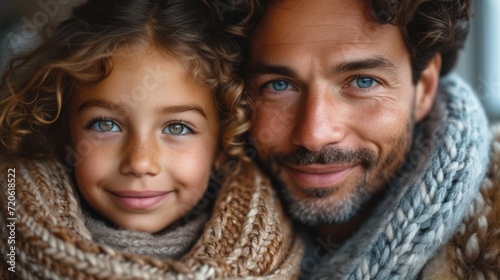  a man and a little girl wearing scarves and scarves are smiling at the camera while they both have blue eyes and a scarf on their headscarves.