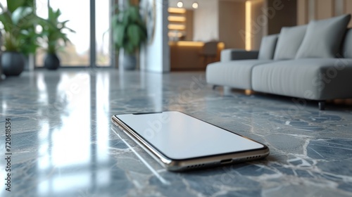  a close up of a cell phone on a marble floor in a living room with a couch and potted plant in the corner of the room in the background.