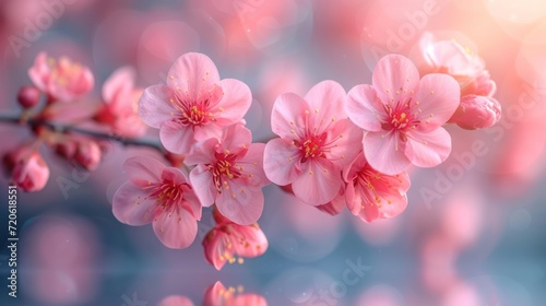  a close up of pink flowers on a branch with blurry lights in the background and a blurry boke of pink flowers on a branch in the foreground.