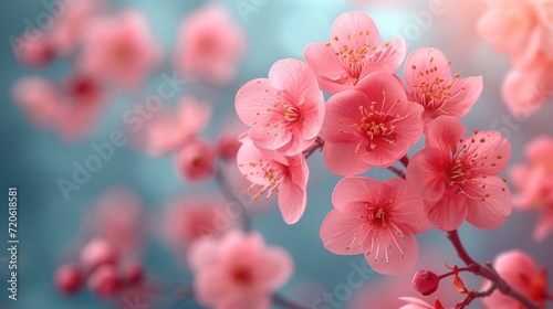 a bunch of pink flowers are blooming on the branch of a tree in front of a blue and white background with a blurry sky in the foreground.