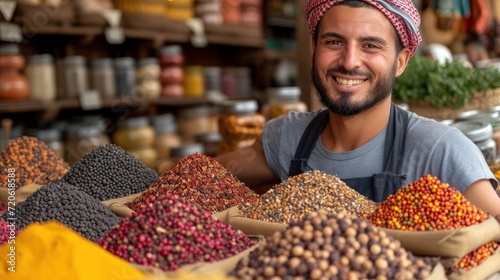  a man with a turban standing in front of a store filled with lots of different kinds of beans and other foods on display cases behind him is a smiling at the camera.