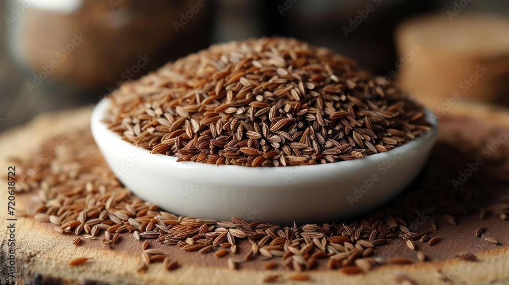 a white bowl filled with brown seed on top of a wooden cutting board next to a jar of brown seed on top of a piece of wood with a wooden table. a white bowl filled with brown seed on top of a wooden cutting board next to a jar of brown seed on top of a piece of wood with a wooden table.