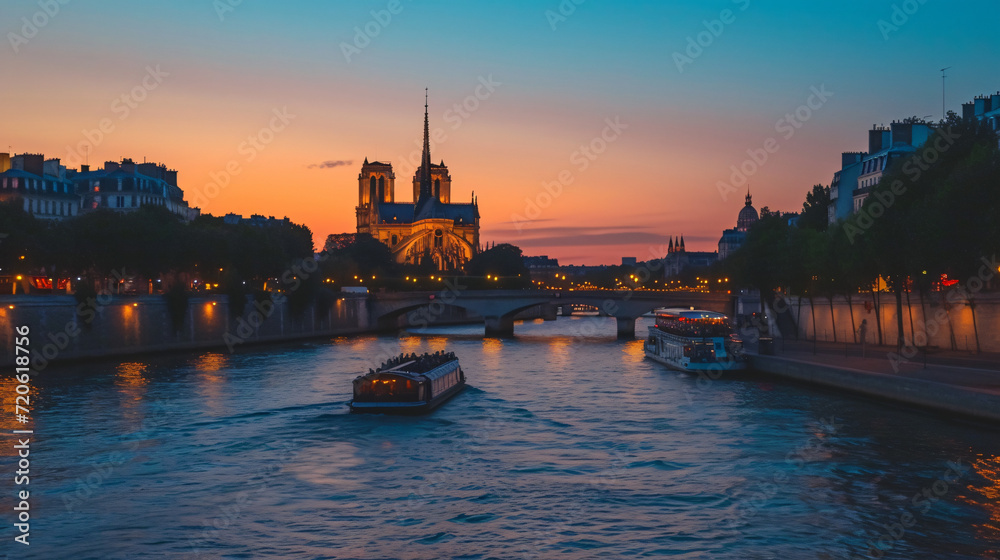 A sunset cruise on the Seine River in Paris with iconic landmarks like the Eiffel Tower and Notre-Dame Cathedral.