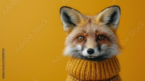  a close up of a fox wearing a sweater with a scarf around it's neck and looking at the camera with a serious look on it's face.