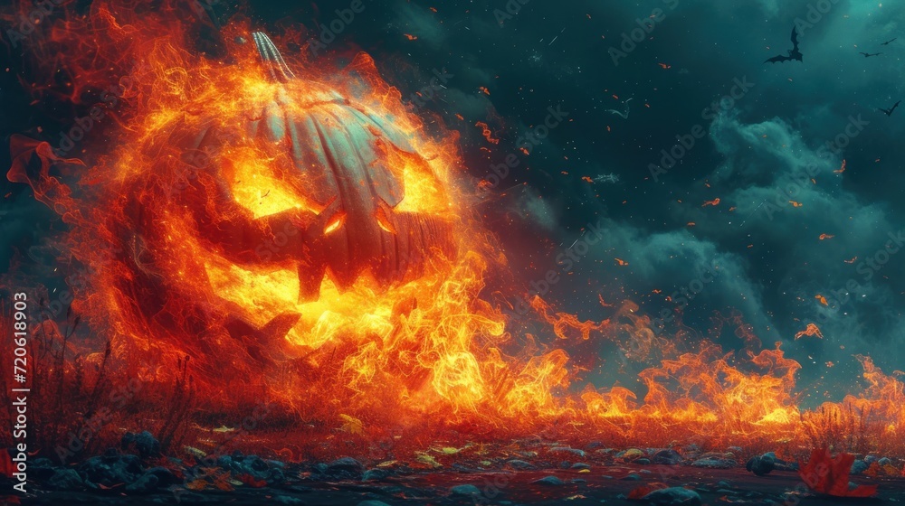  a painting of a pumpkin in the middle of a field with a dark sky in the background and a large fireball in the middle of the middle of the picture.