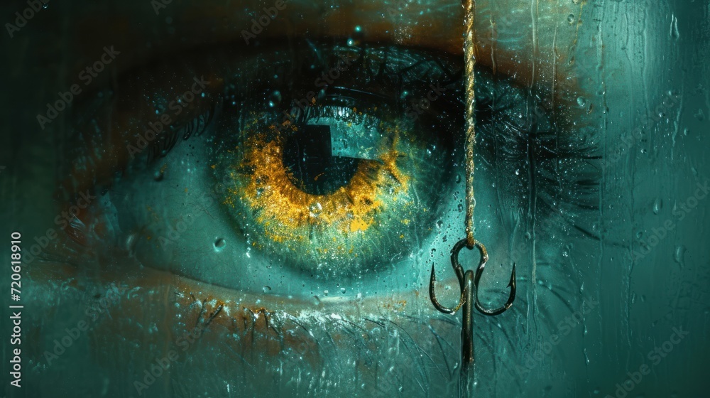 a close up of a person's eye with a hook hanging from the side of the ...