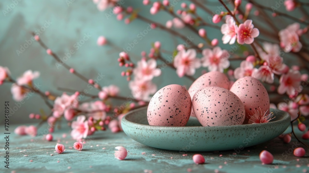 a bowl filled with pink speckled eggs on top of a table next to a bunch of pink flowers on a branch of a tree with pink flowers in the background.