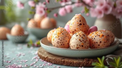  a plate full of speckled eggs sitting on a table with pink flowers in a vase in the background and scattered confetti on the table top of the plate.