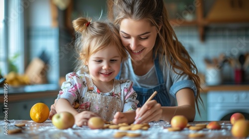  a woman and a little girl in a kitchen with apples and oranges on the table and a wooden spoon in front of them and a wooden spoon in front of them.