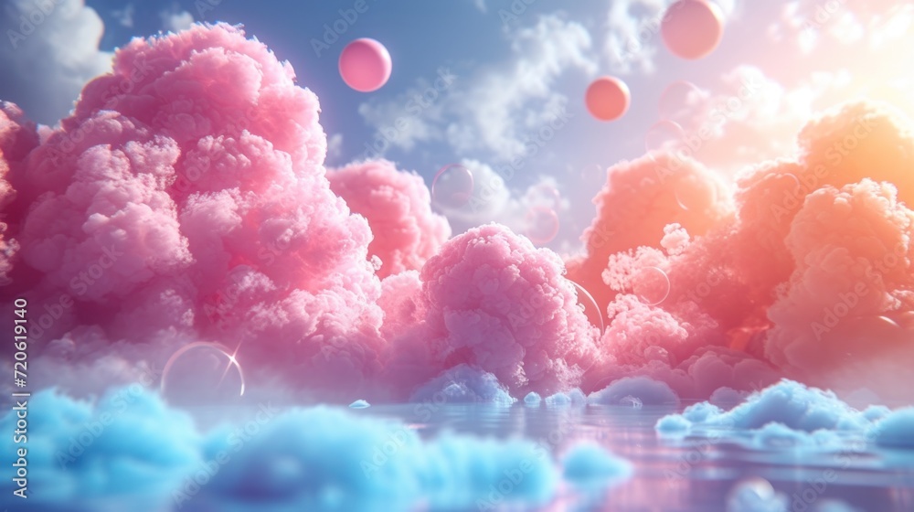  a group of pink clouds floating in the sky above a body of water with bubbles floating on top of the clouds in front of a bright blue sky with white clouds.