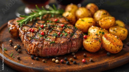  a close up of a steak on a plate with potatoes and a glass of wine in the background with a glass of red wine in the middle of the plate.