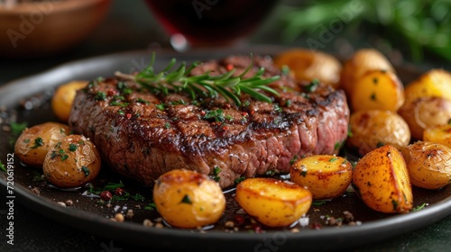  a steak and potatoes on a plate with a glass of red wine in the backgroung of the plate and a glass of red wine in the background.