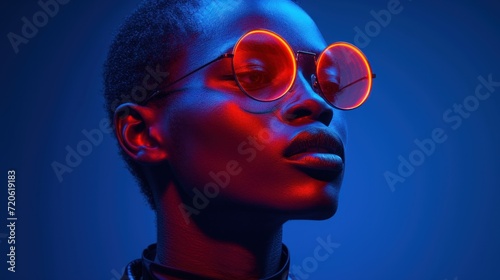  a woman wearing red glasses and a choker and choker necklace, with a blue background and red light coming through the lens of the woman's eyes.
