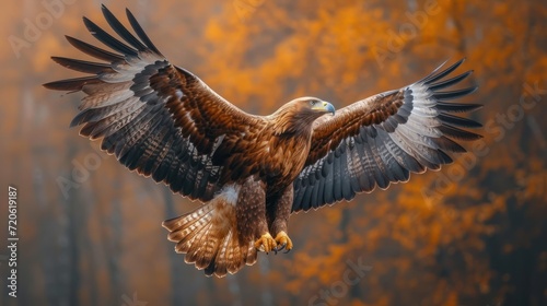  a close up of a bird of prey flying in the air with it's wings spread wide open and it's wings spread wide, with trees in the background. © Jevjenijs