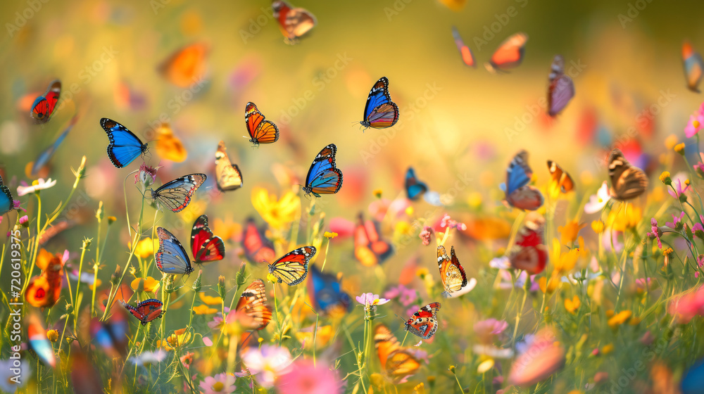 A swarm of colorful butterflies fluttering in a wildflower field creating a vibrant and lively display of natures beauty.